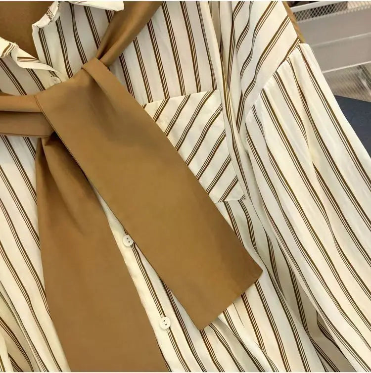 Chic Casual Fake Two Piece Long Sleeve Stripe Shirt for Women Stylish Matching Blouse Top