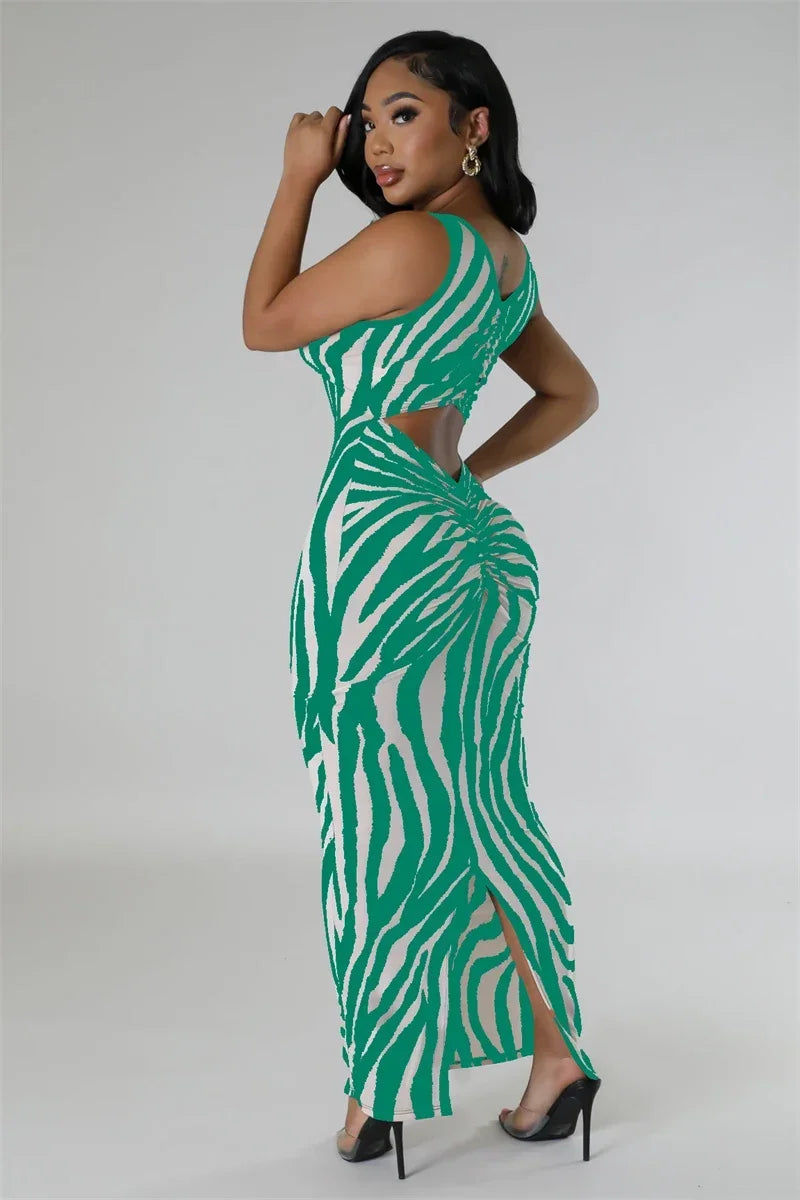 Zebra Print Bodycon Maxi Dress Ruched Sleeveless Party