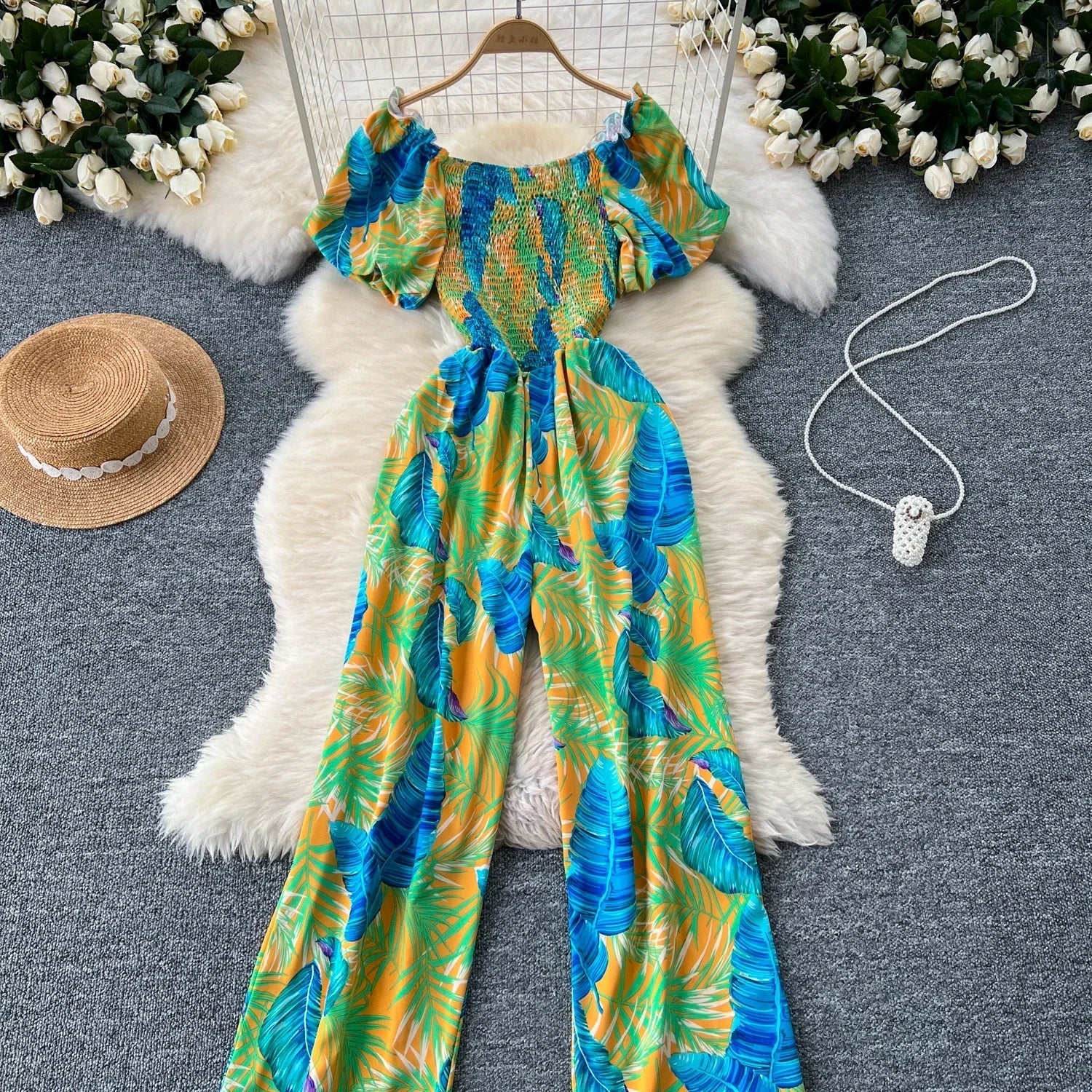 Square Neck Loose Pleated Jumpsuit with Ruffles Backless Design Wide Leg Long Pants Elegant Chic Printed Playsuit for Women