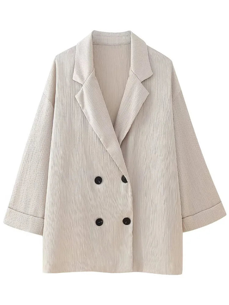 Chic Women's Two Piece Set with Solid Double Breasted Blazer and Vintage Elastic Waist Trousers for Effortless Style