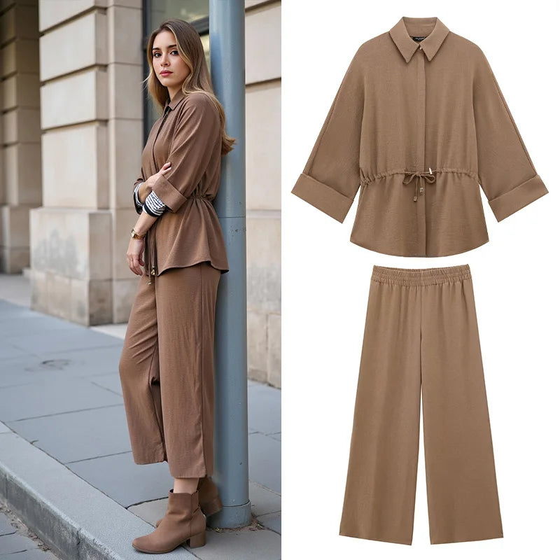 Fashion Women's Casual Pants Set with Solid Khaki Drawstring Waist Blouse and Elastic Waist Baggy Pants