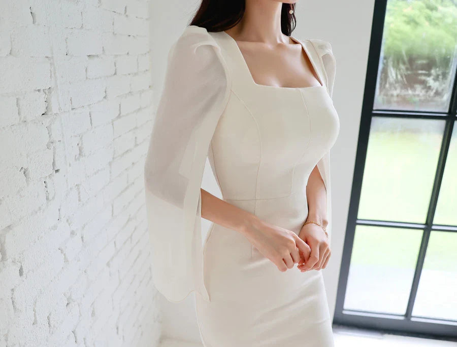 Korean White Sheath Dress With Flare Sleeves For Work