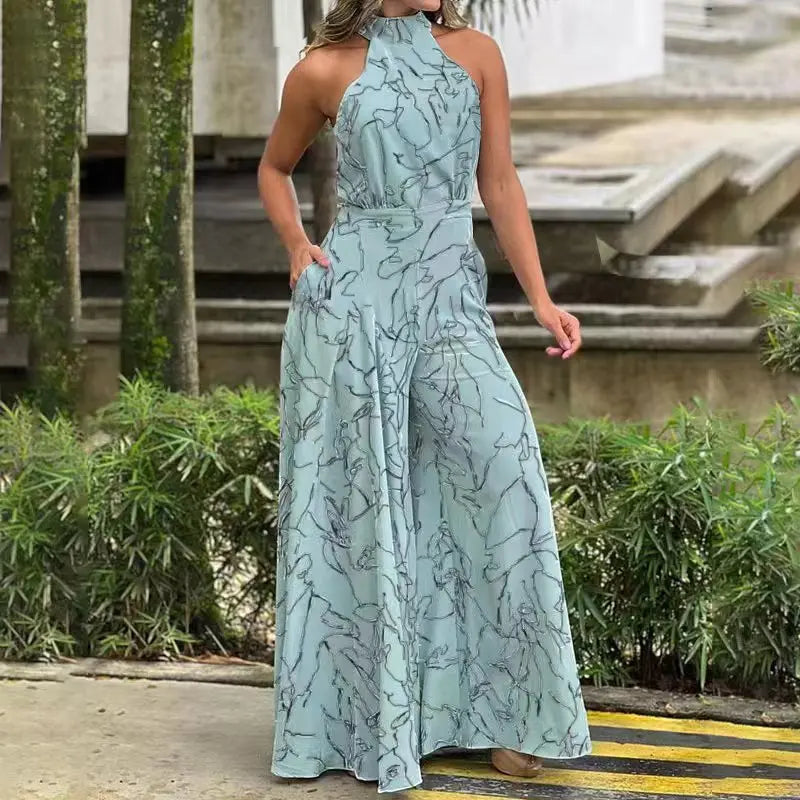 Summer Women's Sleeveless Geometric Print Jumpsuit with Cinched Waist Tie and Elegant Hanging Neck Design