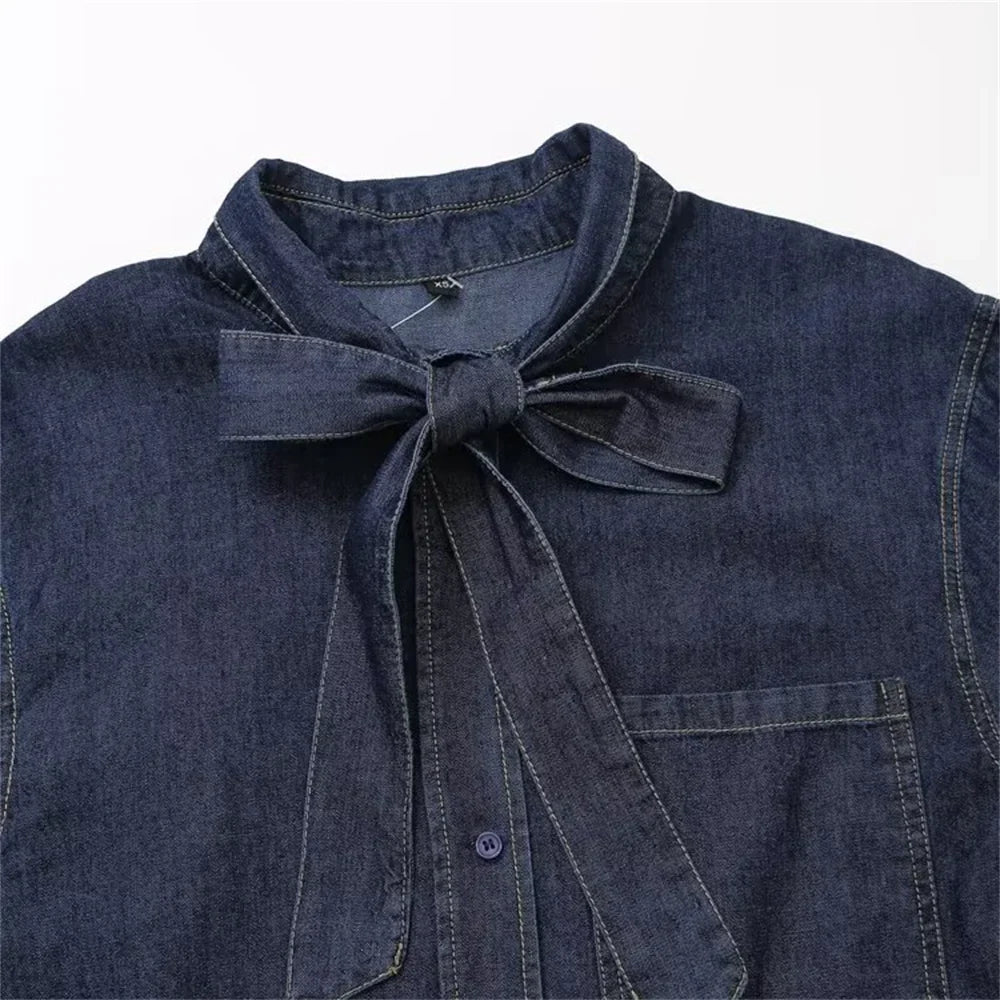 Fashionable Women's Loose Fit Denim Shirt with Color Contrast Bright Thread and Decorative Bow Detail
