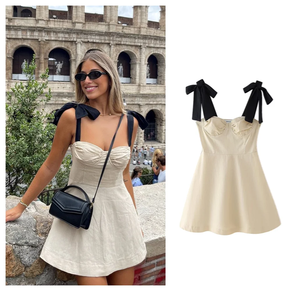 Slim Fit Linen Blend Mini Dress With Bow Decoration
