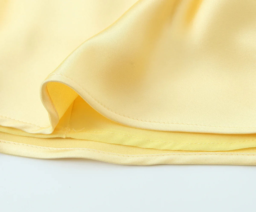 Yellow Satin Dress V Neck Backless For Women Party Evening
