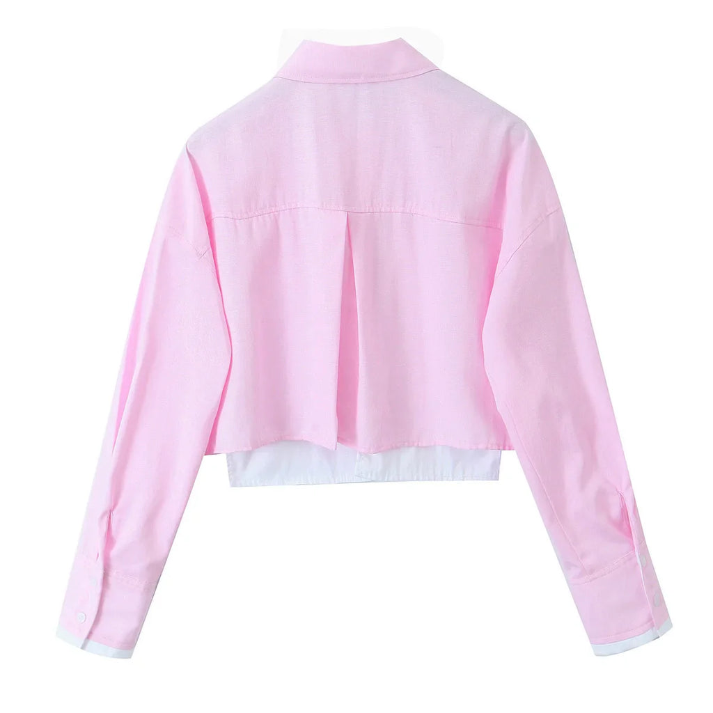 Women's Pink Patchwork Cropped Shirt Long Sleeve Button-Up Blouse Trendy Streetwear Top for Ladies