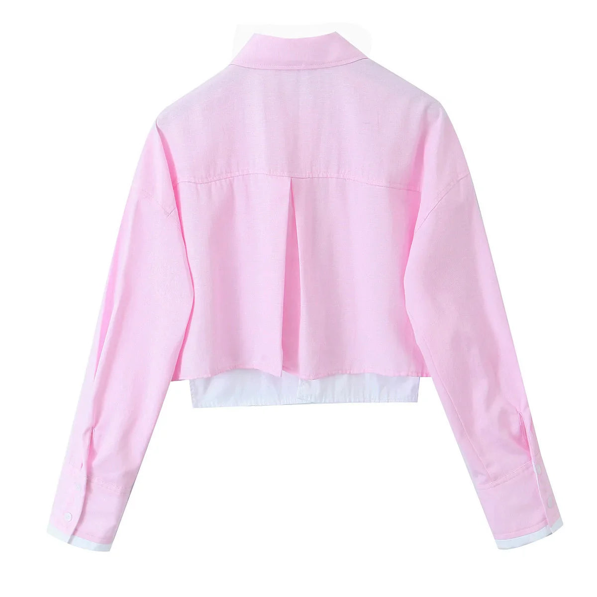 Women's Pink Patchwork Cropped Shirt Long Sleeve Button-Up Blouse Trendy Streetwear Top for Ladies