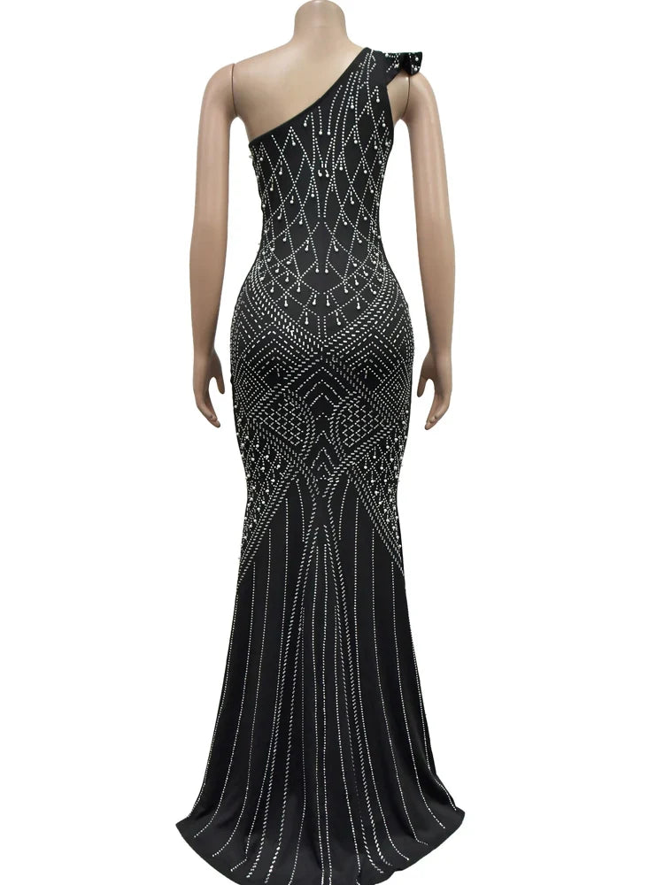 One Shoulder Maxi Dress Crystal Rhinestones And Pearls