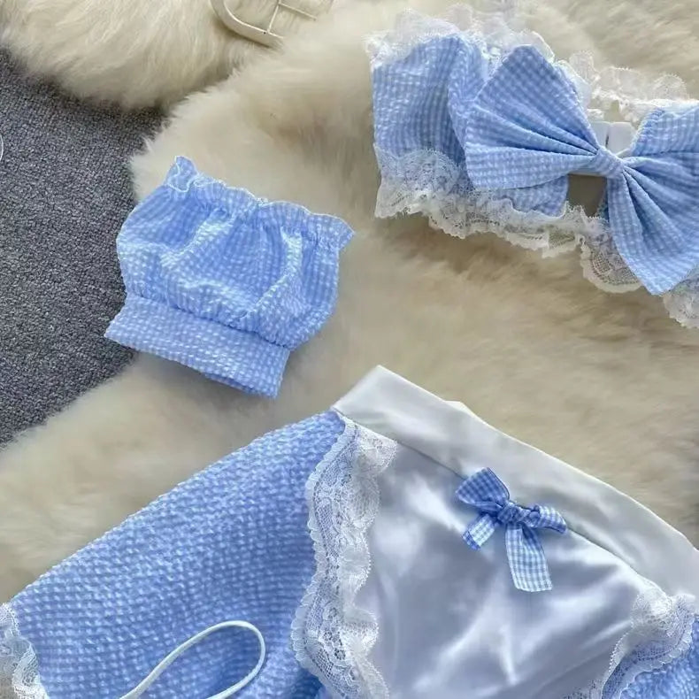 Sexy Maidservant Apron Dress Three Piece Set Lace Trimmed Plaid Cosplay Lingerie Nightwear for Women
