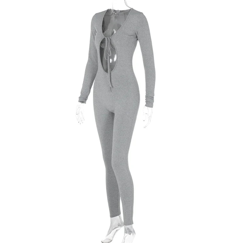 Solid V Neck Long Sleeve Hollow Out Lace Up Sexy Bodycon Jumpsuit Women's Fashion Streetwear Sporty Romper Overalls for Fall