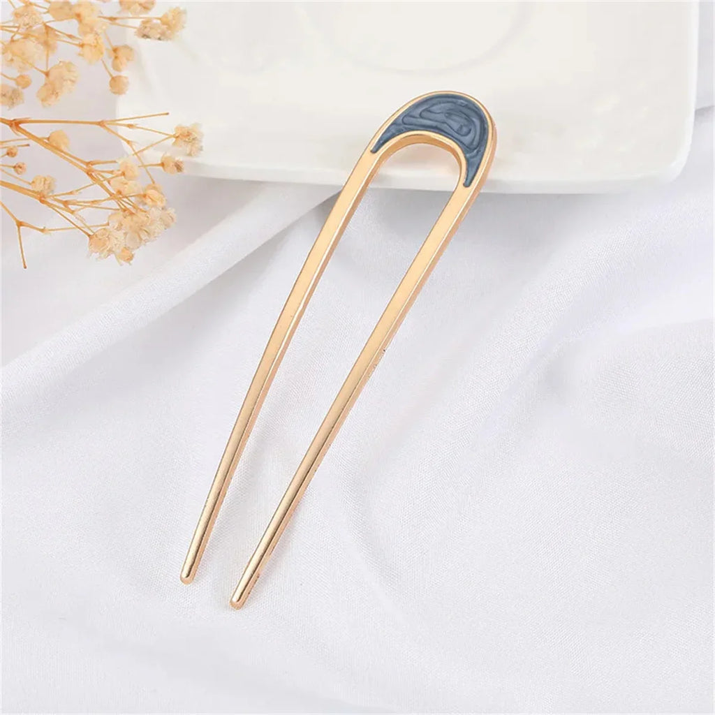 Elegant U Shape Hair Stick for Women in Silver and Gold Color with Shell Enamel Design