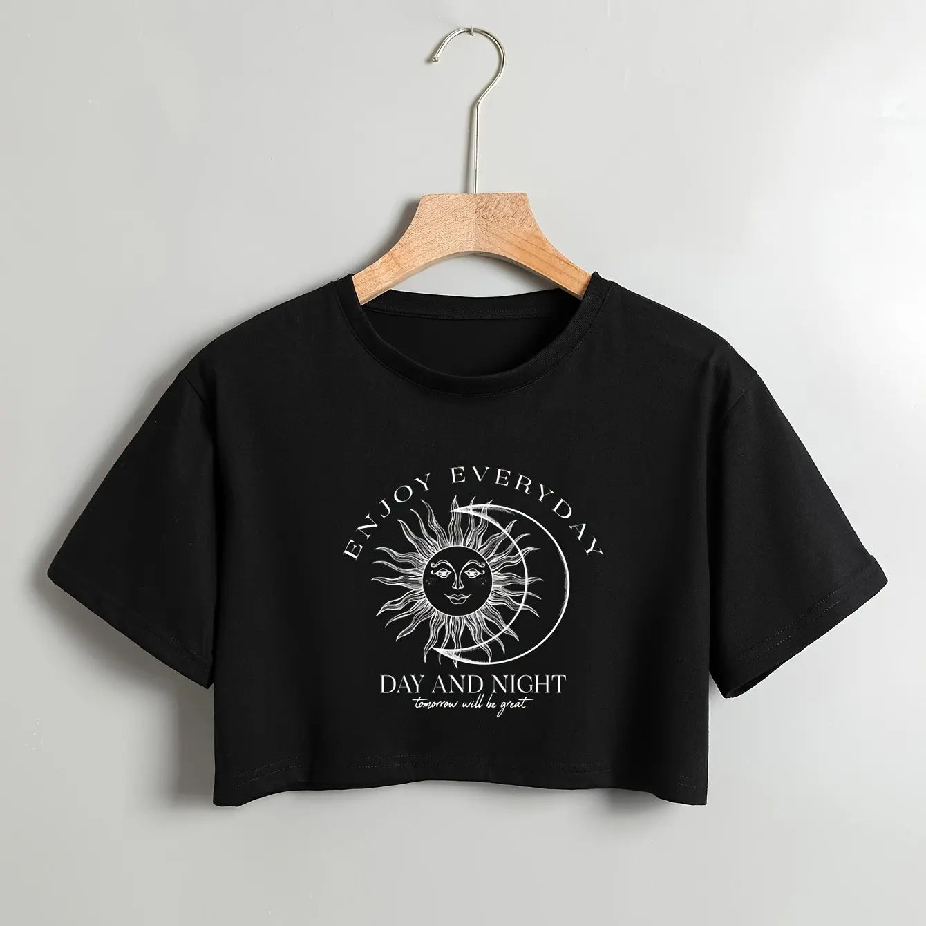 Celestial Chic Sun Moon Graphic Crop Top Casual Crew Neck Short Sleeve T-Shirt for Women Fashionable Comfortable Clothing