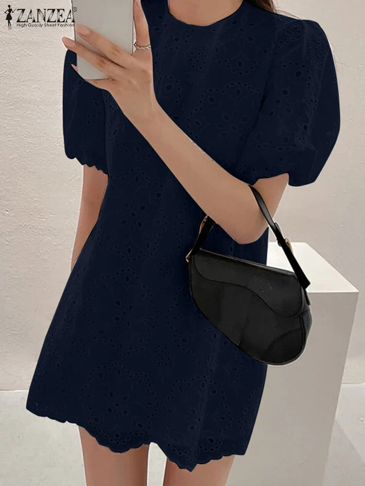 Cotton Sundress With Puff Sleeve Mini For Women Round Neck