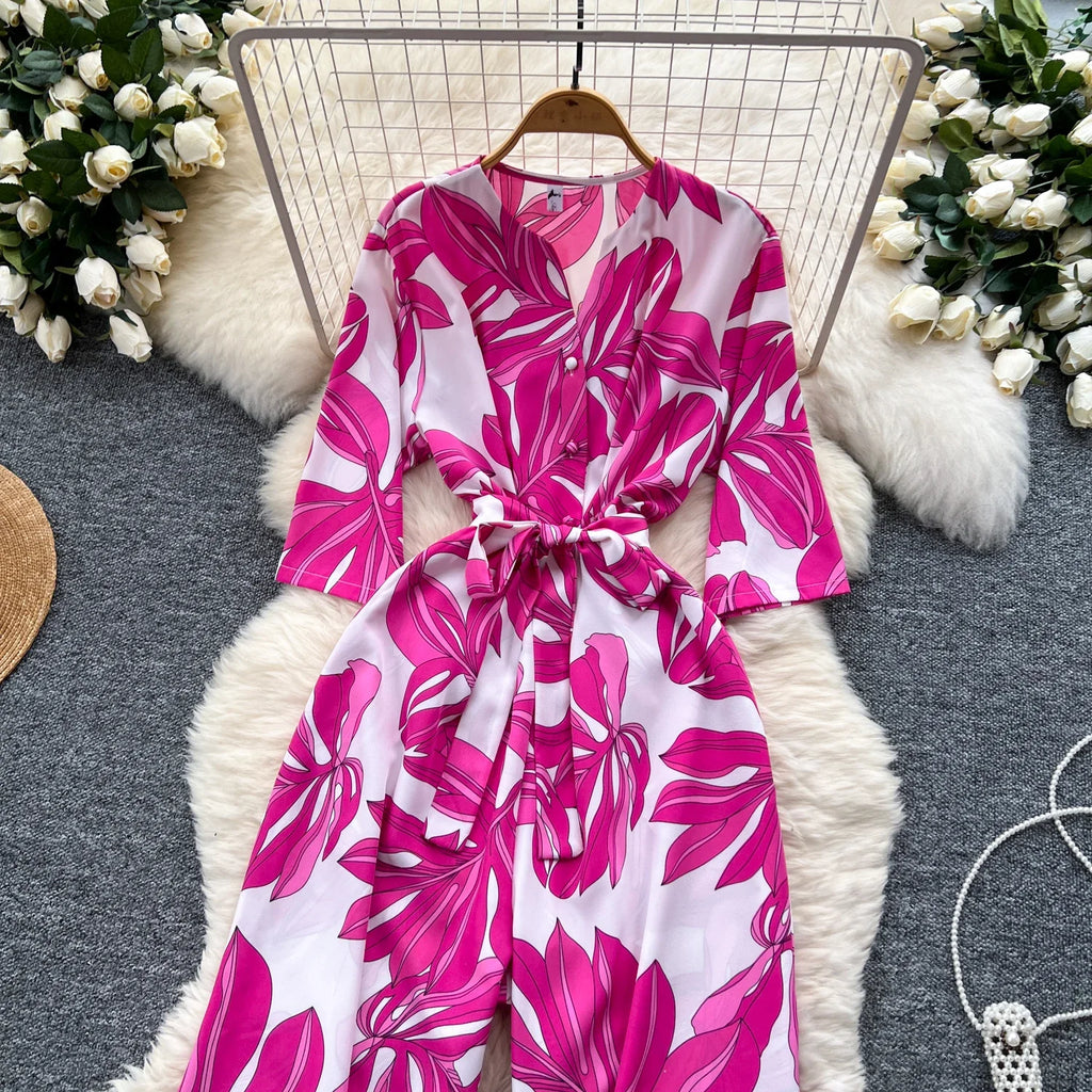 Women's Summer V-Neck Short Sleeve Lace-Up Waist Slim Fit Wide-Leg Printed Jumpsuit with Loose Straight Leg Design