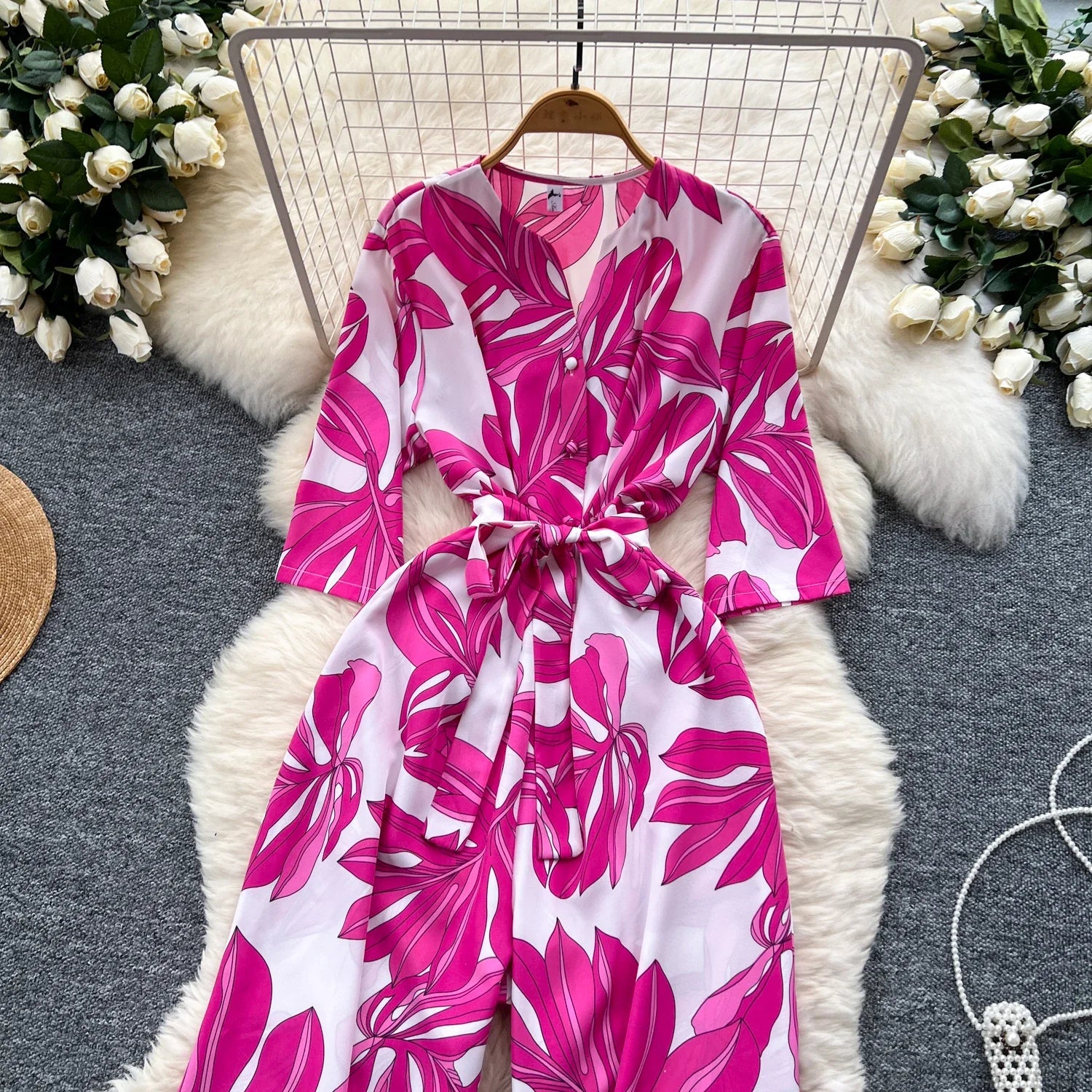 Women's Summer V-Neck Short Sleeve Lace-Up Waist Slim Fit Wide-Leg Printed Jumpsuit with Loose Straight Leg Design