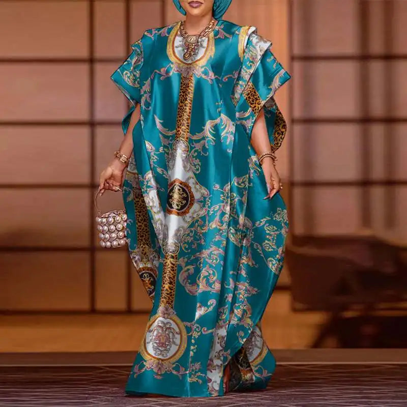 Satin Patchwork Maxi Dress Bat Wing Sleeve Elegant Dress