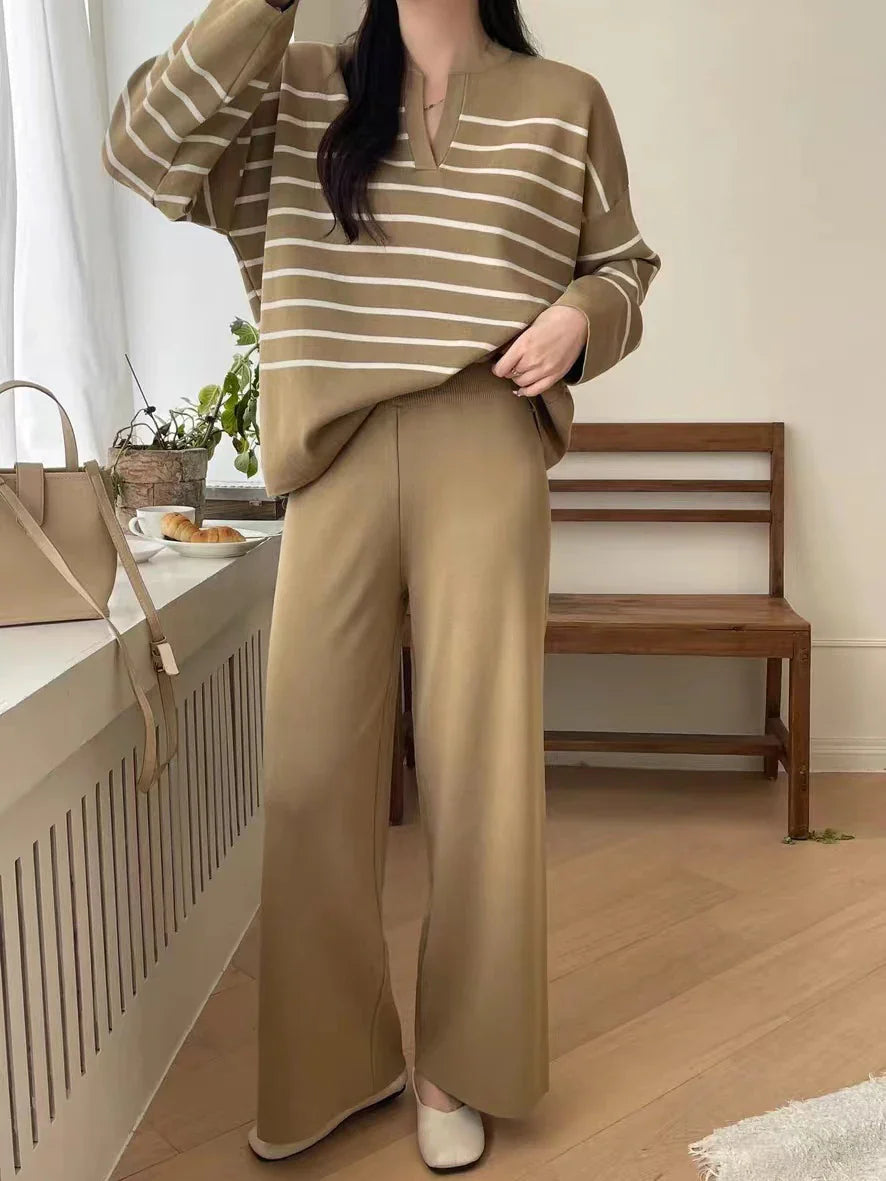 Women's Winter Sweater Set with Stripe Knit Pullover and Wide Leg Pants for Casual Elegance