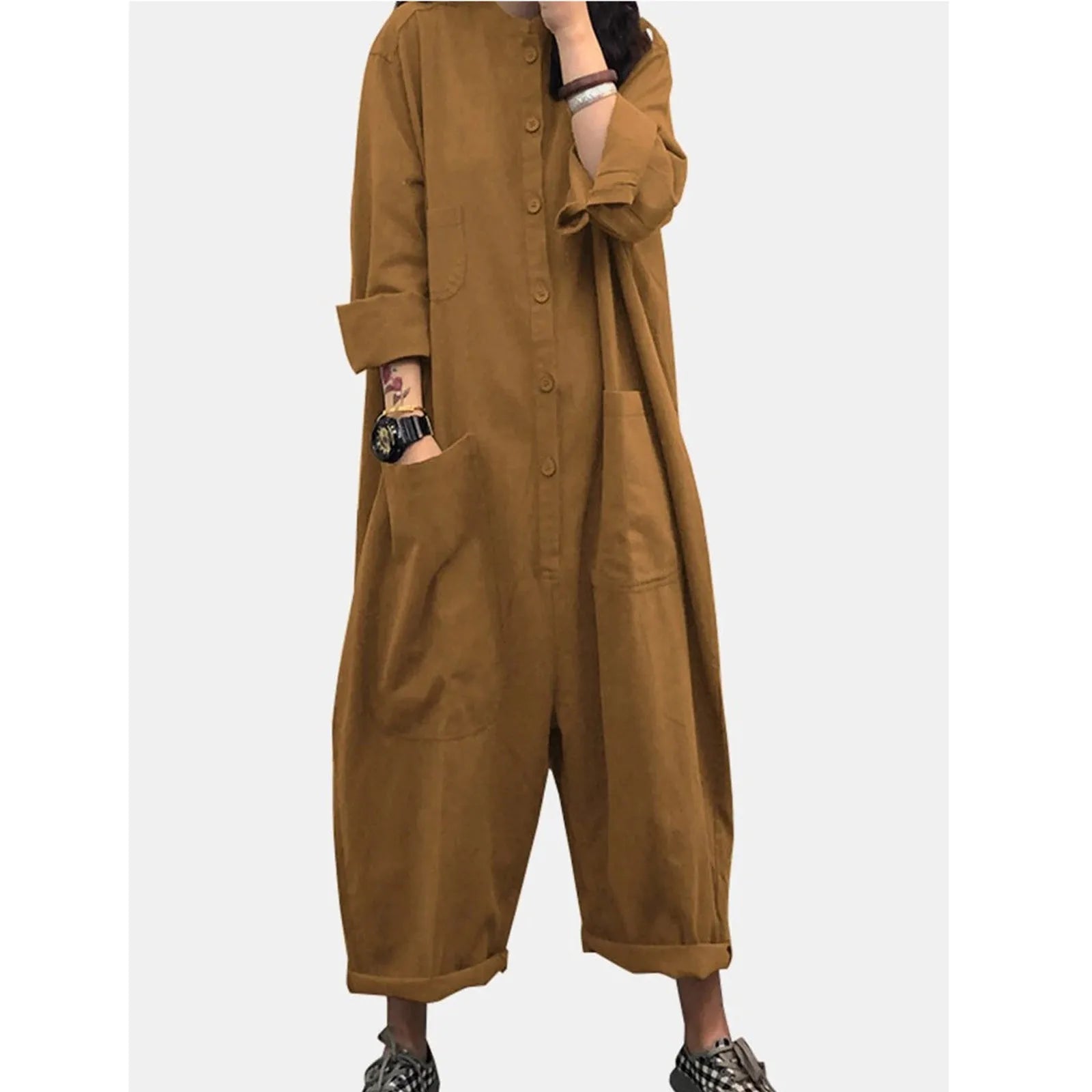 Women Oversized Casual Jumpsuit with Pockets Loose Fit Long Sleeve Romper Solid Color Stand Collar Overalls for Autumn
