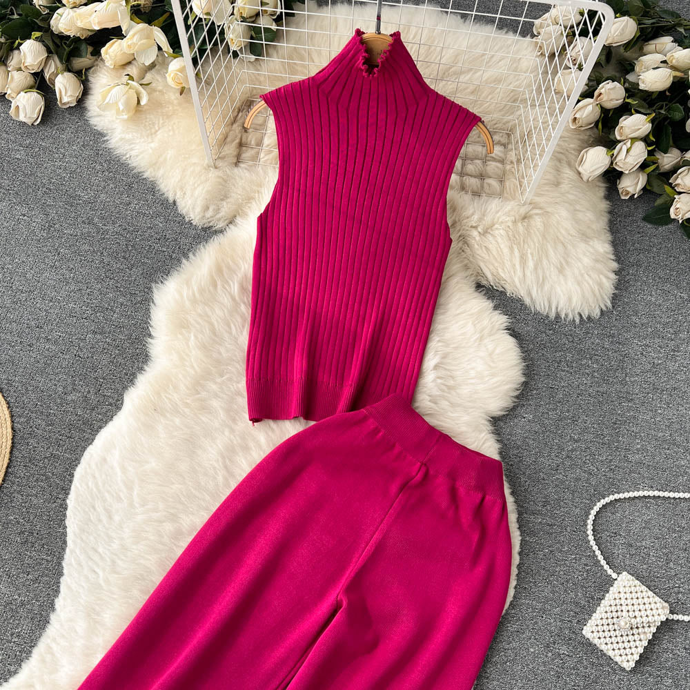 3 Piece Knitted Tracksuit Set for Women Comfy Loungewear with Long Cardigan Coat Turtleneck Vest and Pants