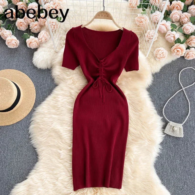 Korean Knit Bodycon Dress V Neck Drawstring Short Sleeves