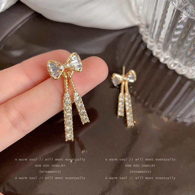 Gold Color Shiny Bow Stud Earrings With Rhinestones For Women Fashion Jewelry Gift