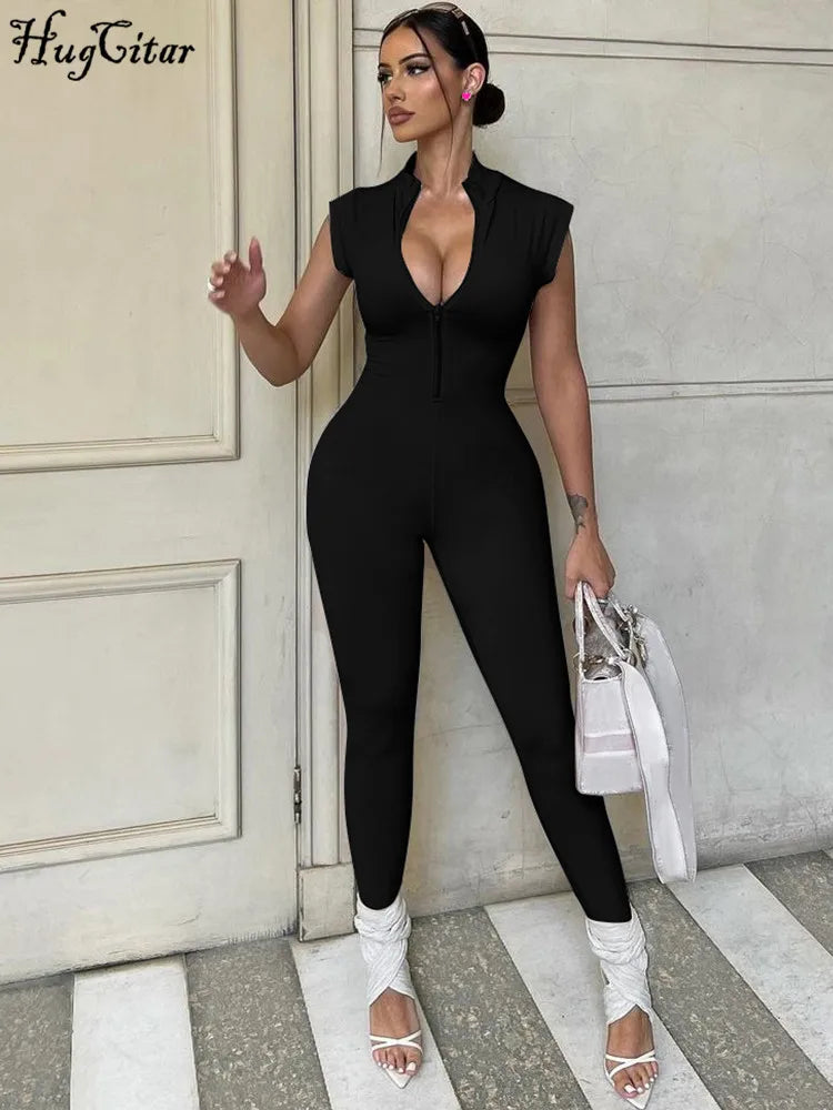 Women's Sleeveless Zipper Neck Sexy Bodycon Jumpsuit One Piece Stylish Summer Streetwear Party Gym Romper Overalls