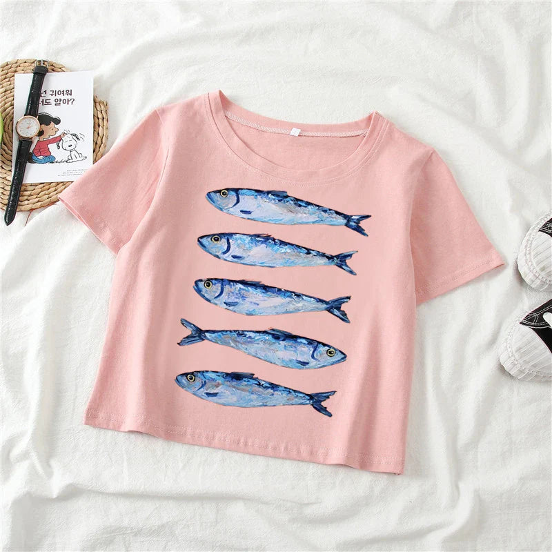 Personalized Y2K Trend Sardine Printed Casual T-Shirt for Women