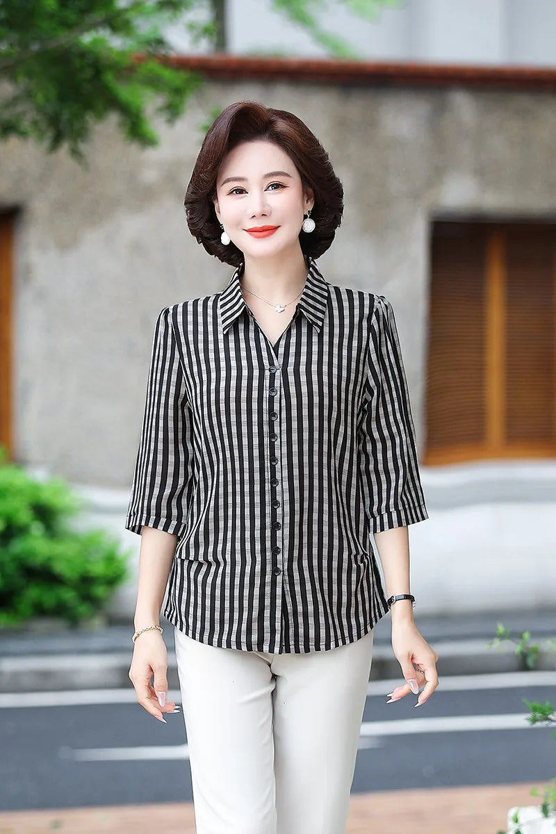 Elegant Plaid Print Loose Fit Button Down Shirt for Women with Turn Down Collar and Casual Half Sleeves Versatile Ladies Blouse Top for Everyday Wear