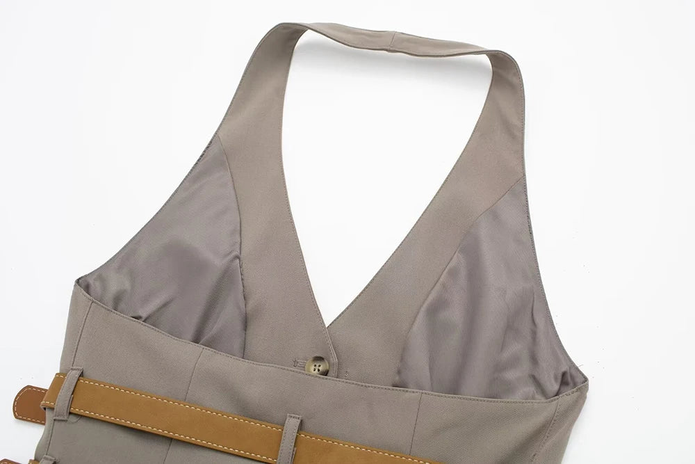 Women's Two-Piece Suit Set with Belt Halter V-Neck Top and High-Waisted Pleated Pants