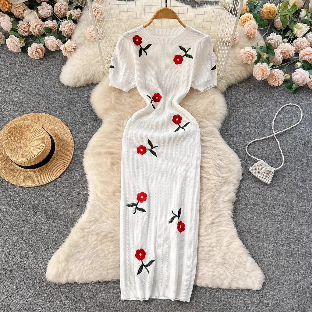 Elegant Summer Knitted Embroidered Bodycon Dress for Women