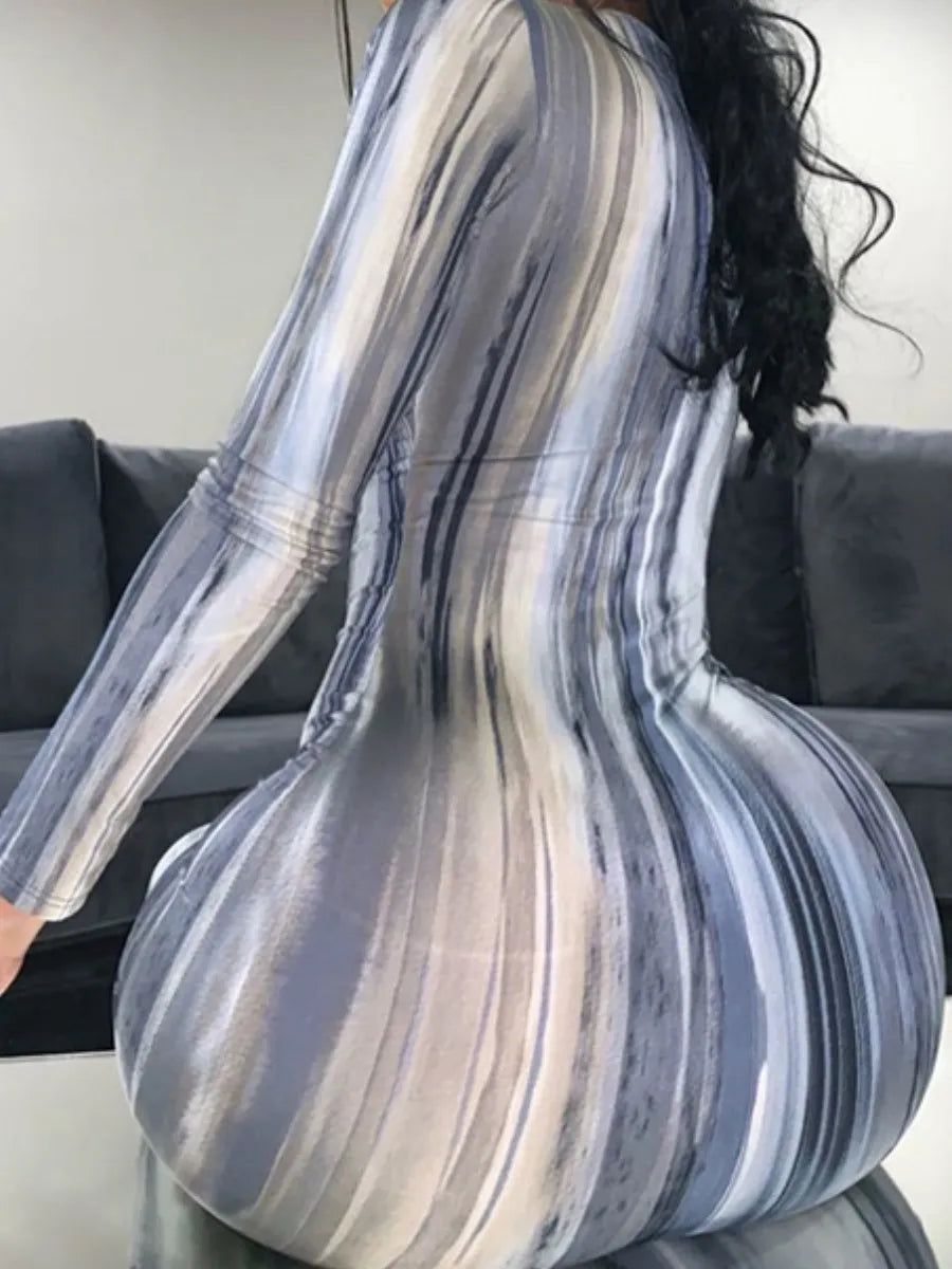 Tie Dye Bodycon Maxi Dress Long Sleeve U Neck Vacation