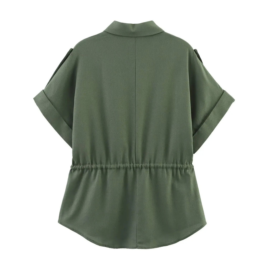 Women's Blended Lace-Up Lapel Shirt Short-Sleeve Single-Breasted Waist Pocket Casual Chic Top for Spring and Summer