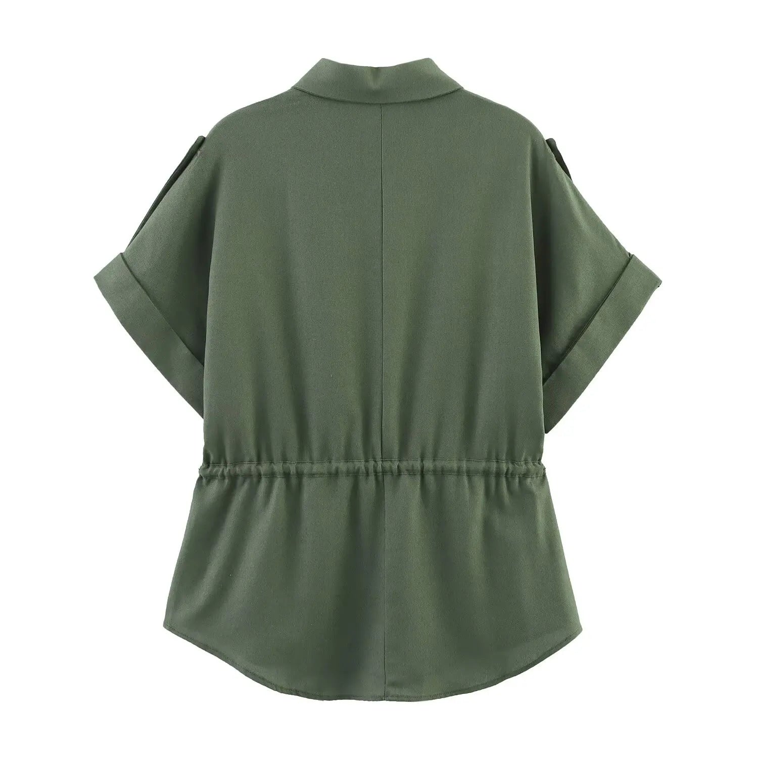 Women's Blended Lace-Up Lapel Shirt Short-Sleeve Single-Breasted Waist Pocket Casual Chic Top for Spring and Summer