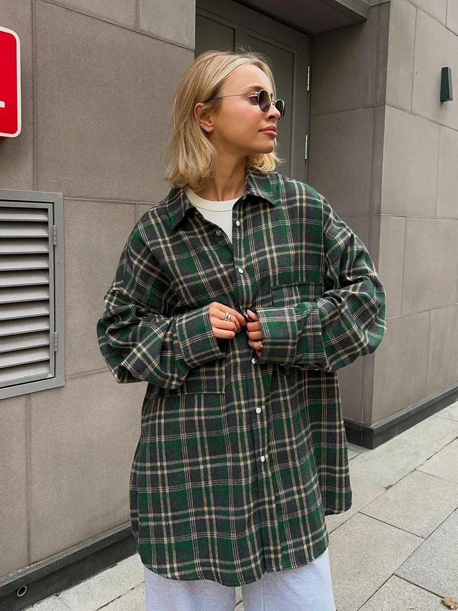 Vintage Loose Plaid Women's Shirt with Fashion Lapel Long Sleeve Office Blouse Top for Ladies