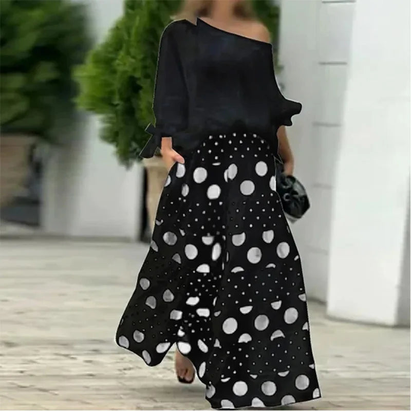 Off Shoulder Polka Dot Print Top and Wide Leg Pants Outfit for Women Casual Spring Autumn 2 Piece Set