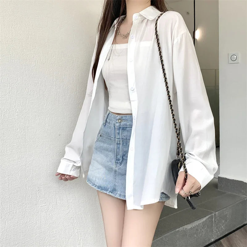 Silky Oversize Button Down Shirt for Women Long Sleeve Boyfriend Blouse Lightweight Summer Cover Up Casual Teen Girl Outfit