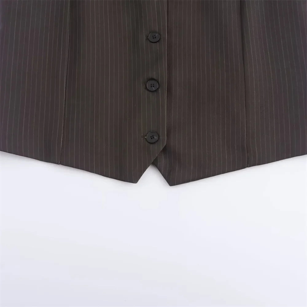 Autumn Women's Fashion Striped Loose Suit Coat with Buckle Decoration and High Waist Striped Pants Set