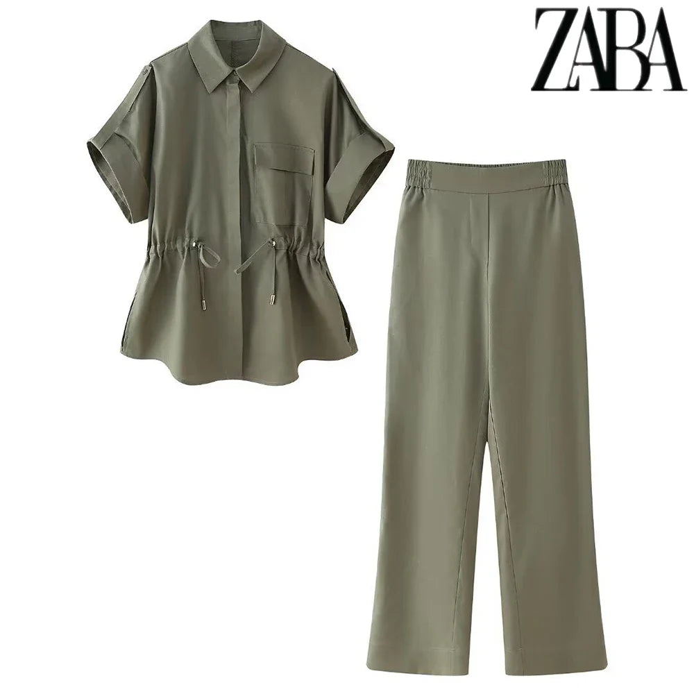 Women's Elegant Short Sleeve Tie Embellished Lapel Shirt and Solid Color Casual Pants Suit for Street Commuter Style