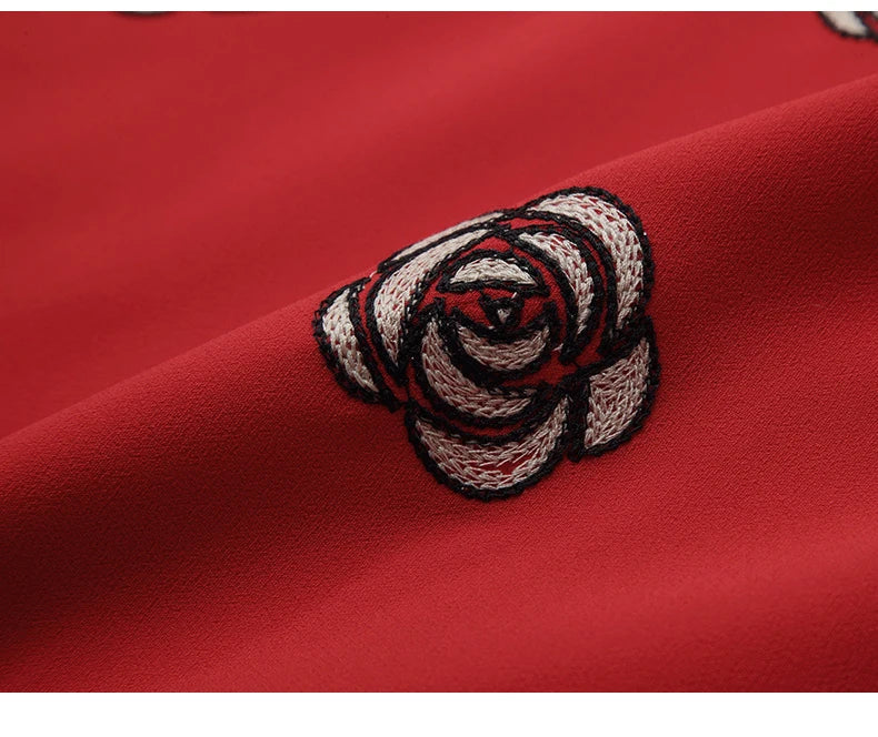 Floral Embroidery Chiffon Dress With Polo Collar For Office