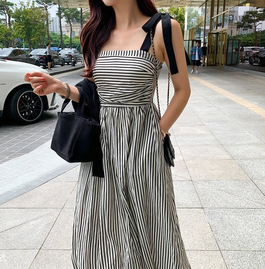 Vintage Striped Strapless Maxi Dress With Pockets High Waist