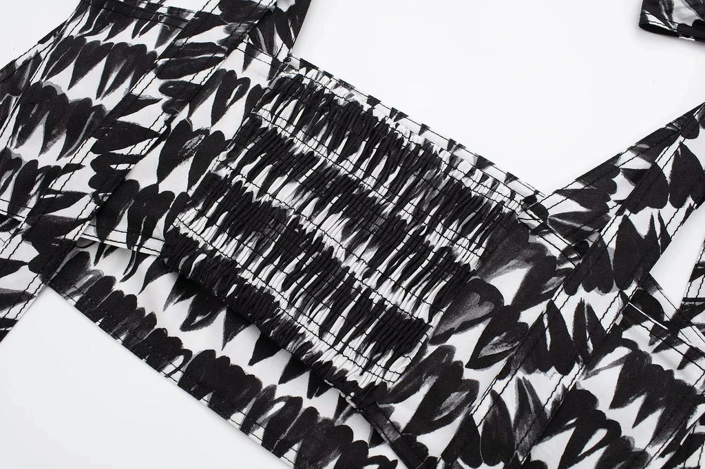 Women's Fashion Print Set Sexy Backless Sleeveless Slim Lace-Up Corset Crop Top with Elegant A-Line Pleated Midi Skirt