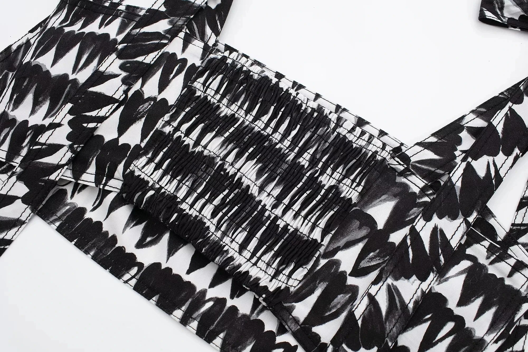 Women's Fashion Print Set Sexy Backless Sleeveless Slim Lace-Up Corset Crop Top with Elegant A-Line Pleated Midi Skirt