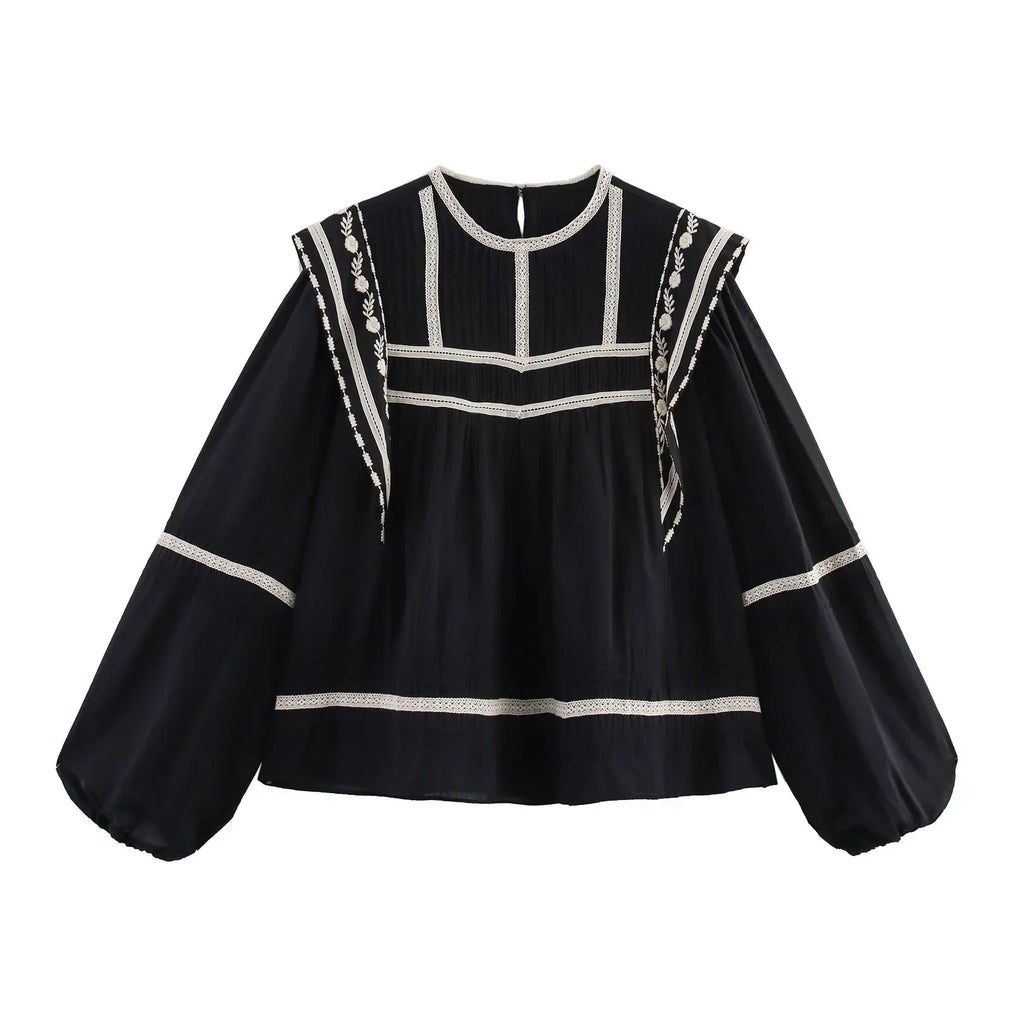 Women's Contrasting Color Embroidered Shirt with Round Neck Puff Sleeves and Loose Hem Casual Chic Top for Spring and Summer
