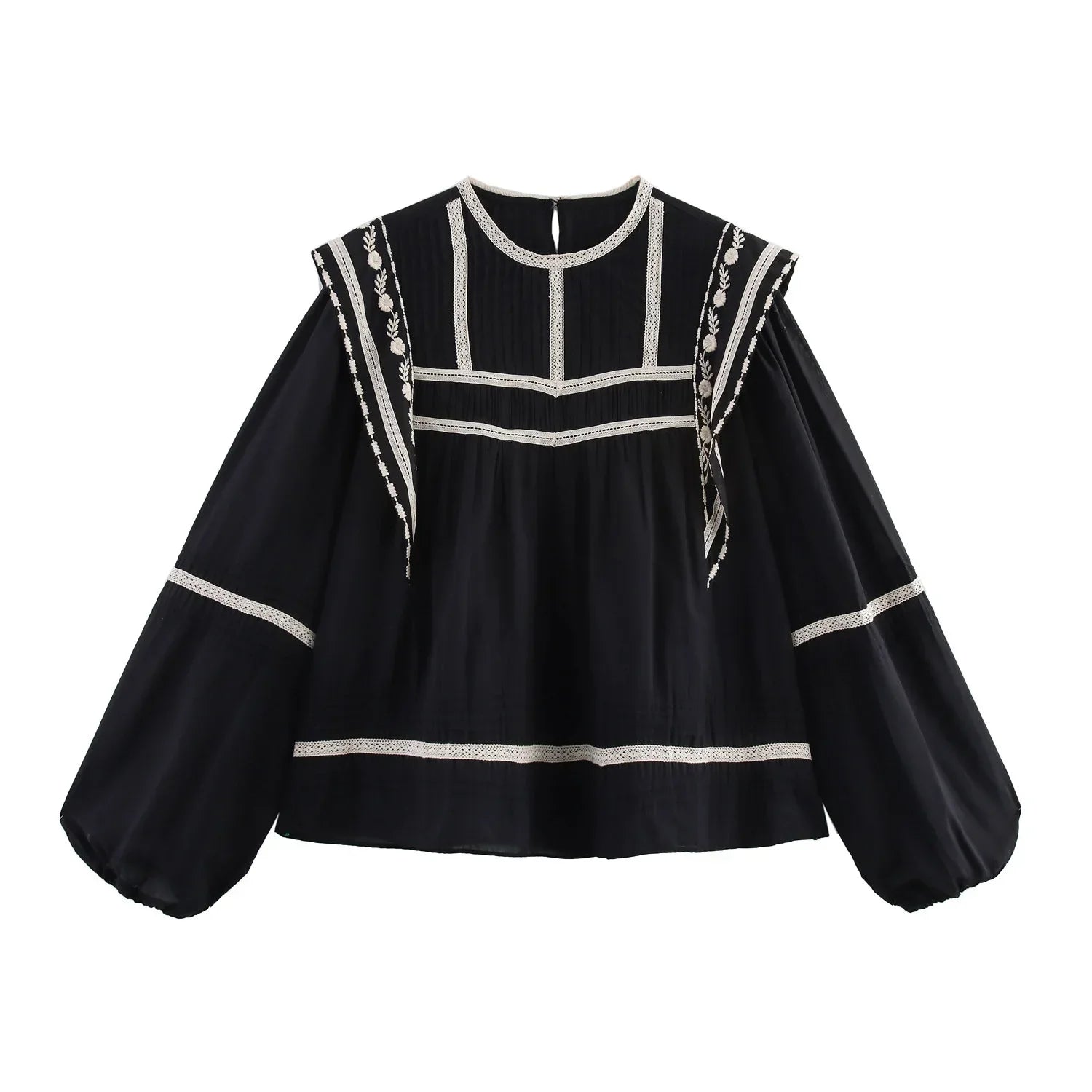 Women's Contrasting Color Embroidered Shirt with Round Neck Puff Sleeves and Loose Hem Casual Chic Top for Spring and Summer