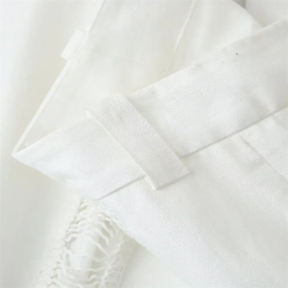 Women White Long Sleeve Blouse and Wide Leg Pants Set with Lace Trim Elegant Design