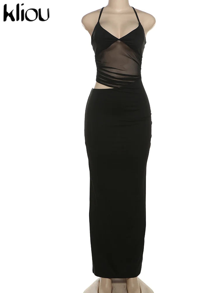 Mesh Spaghetti Strap Patchwork Maxi Dress Low Neck