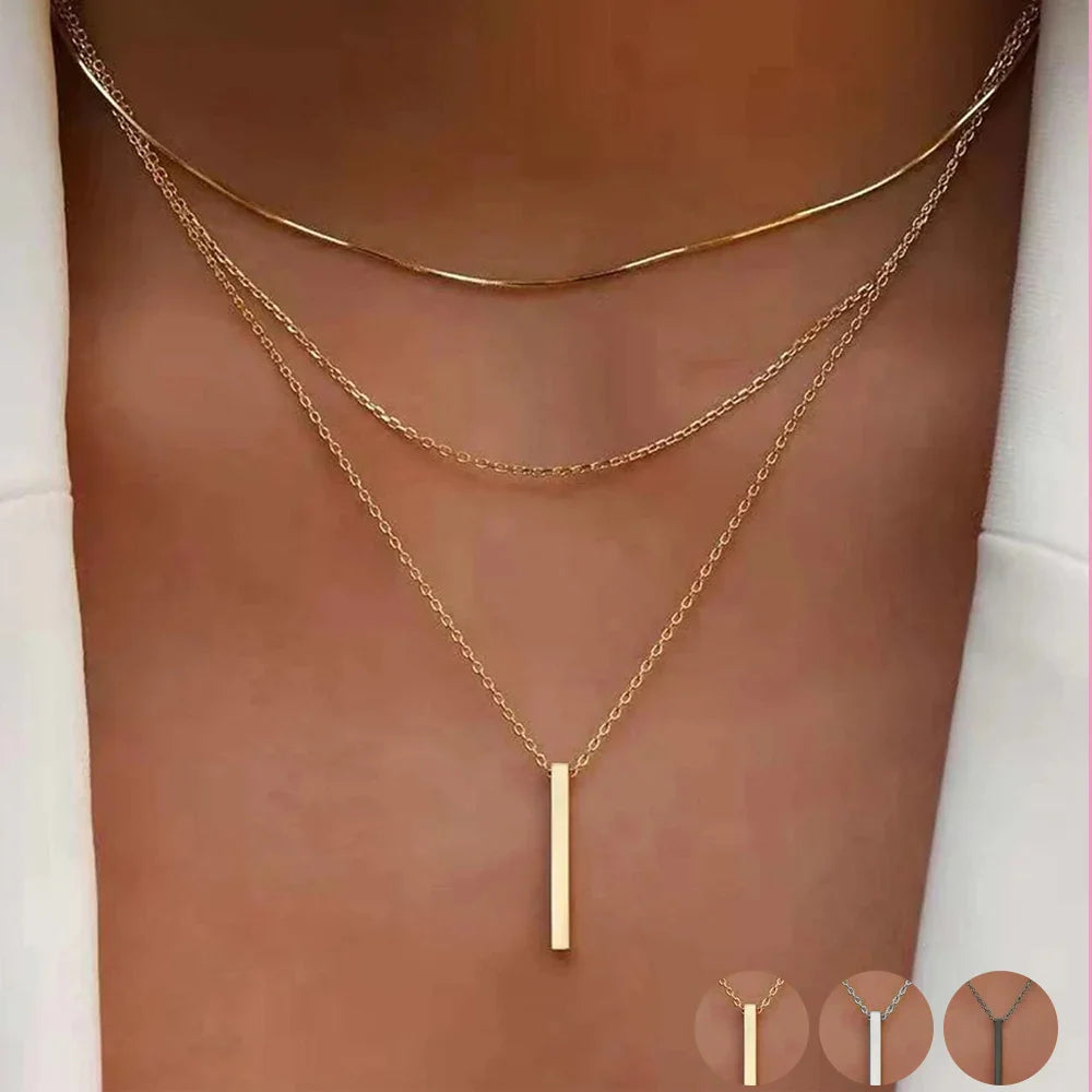Vintage Layered Metal Bar Pendant Necklace for Women Gold Clavicle Chain Jewelry