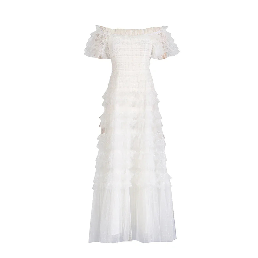 Patchwork Mesh Dress For Women High Waist Ruffled Casual