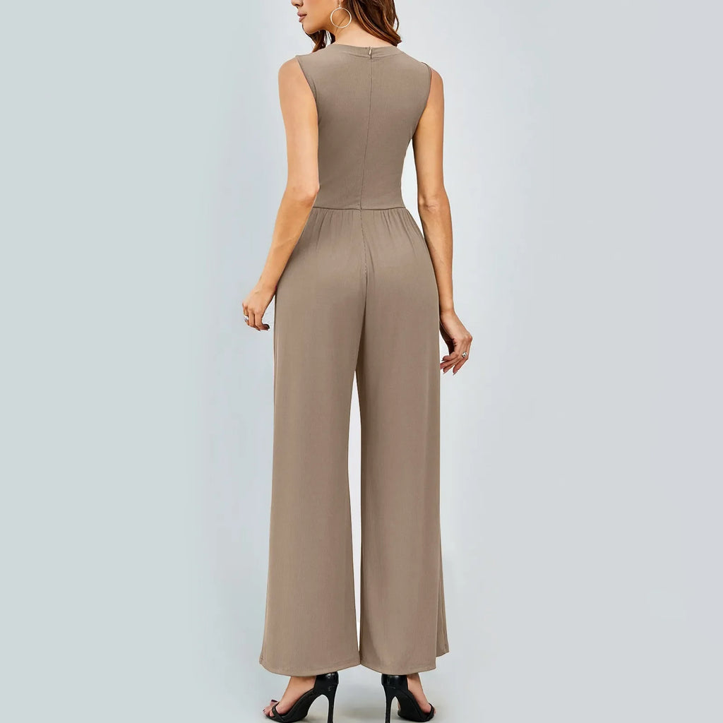 Women Sleeveless High Neck Ribbed Tank Top Jumpsuit Wide Leg Pants Romper with Tummy Control and High Waist Casual Summer Outfit